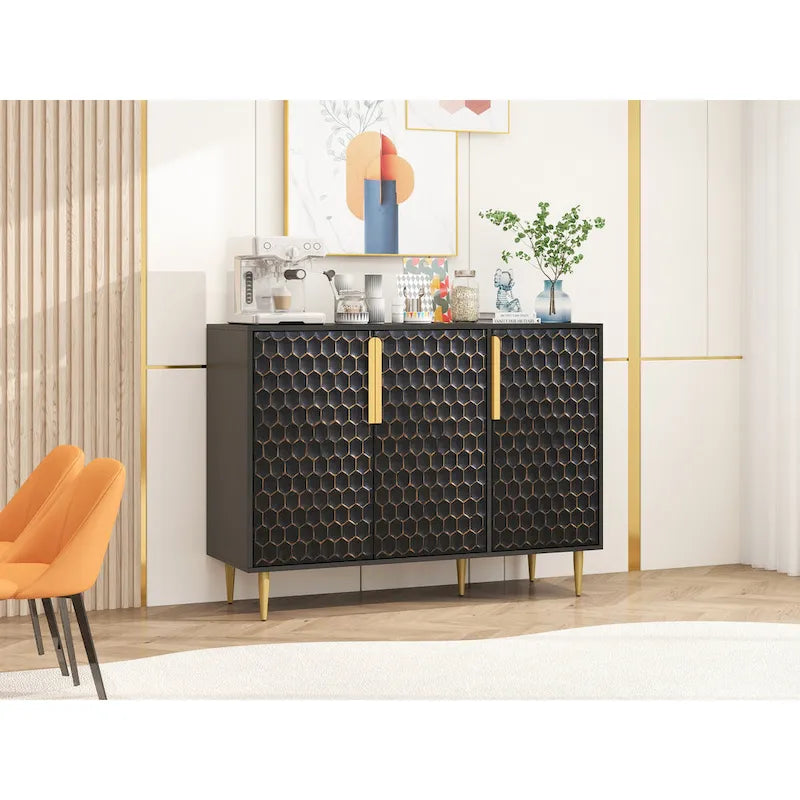 3 Door Storage Cabinet, Buffet Sideboard with Adjustable Shelves, Honeycomb Seamless Hexagons Pattern Metal Door