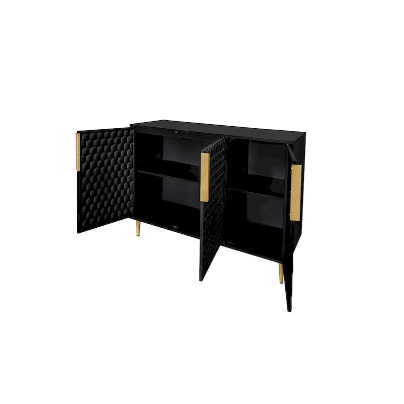 3 Door Storage Cabinet, Buffet Sideboard with Adjustable Shelves, Honeycomb Seamless Hexagons Pattern Metal Door