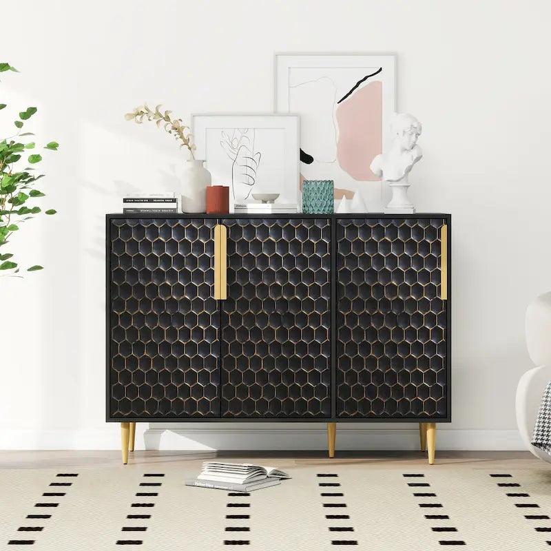 3 Door Storage Cabinet, Buffet Sideboard with Adjustable Shelves, Honeycomb Seamless Hexagons Pattern Metal Door