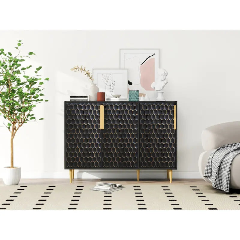 3 Door Storage Cabinet, Buffet Sideboard with Adjustable Shelves, Honeycomb Seamless Hexagons Pattern Metal Door