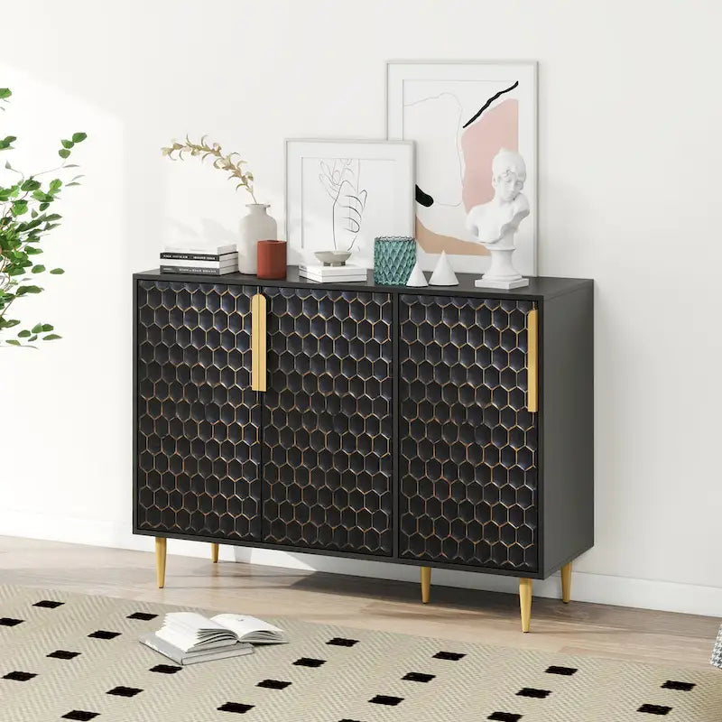 3 Door Storage Cabinet, Buffet Sideboard with Adjustable Shelves, Honeycomb Seamless Hexagons Pattern Metal Door