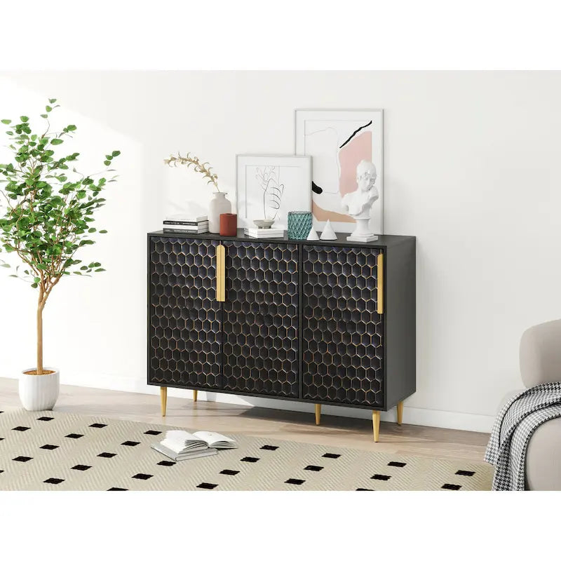 3 Door Storage Cabinet, Buffet Sideboard with Adjustable Shelves, Honeycomb Seamless Hexagons Pattern Metal Door
