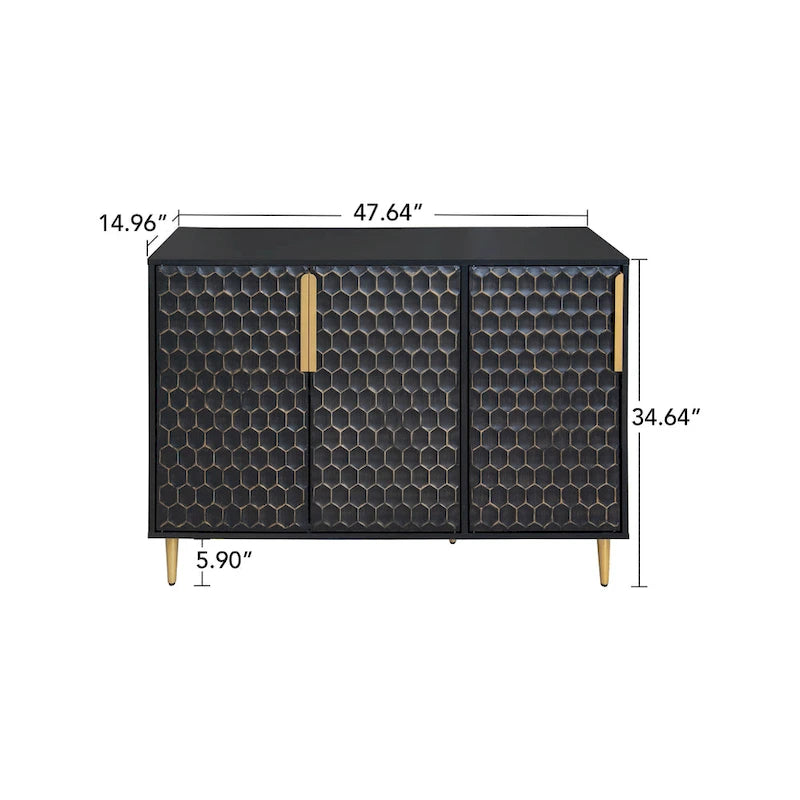 3 Door Storage Cabinet, Buffet Sideboard with Adjustable Shelves, Honeycomb Seamless Hexagons Pattern Metal Door