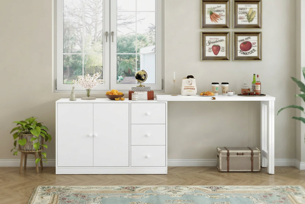 Innovative Sideboard with 2-Door,3-Drawer Design and Adjustable Pull-Out Top for Flexible Use,for Entrance and Living Room