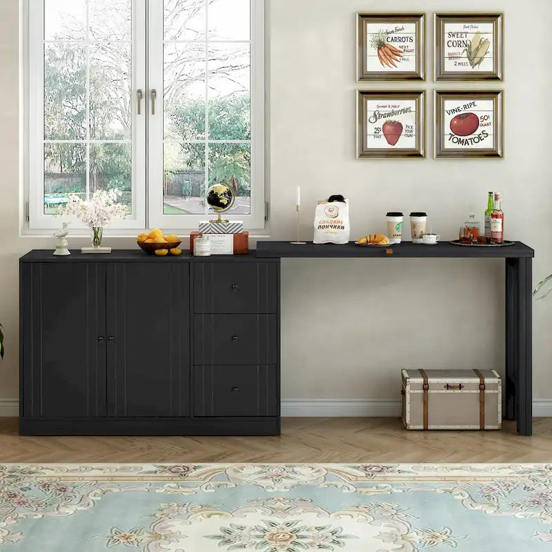 Innovative Sideboard with 2-Door,3-Drawer Design and Adjustable Pull-Out Top for Flexible Use,for Entrance and Living Room