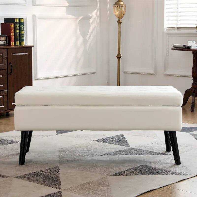 Tufted Beige Storage Bench with Solid Wood Legs