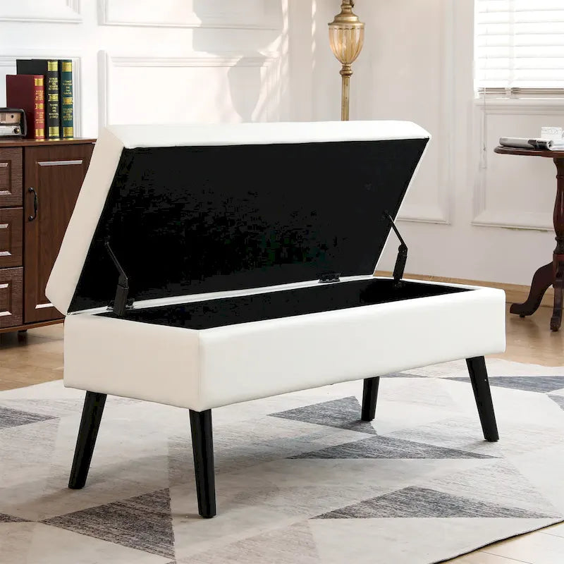 Tufted Beige Storage Bench with Solid Wood Legs