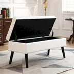 Tufted Beige Storage Bench with Solid Wood Legs