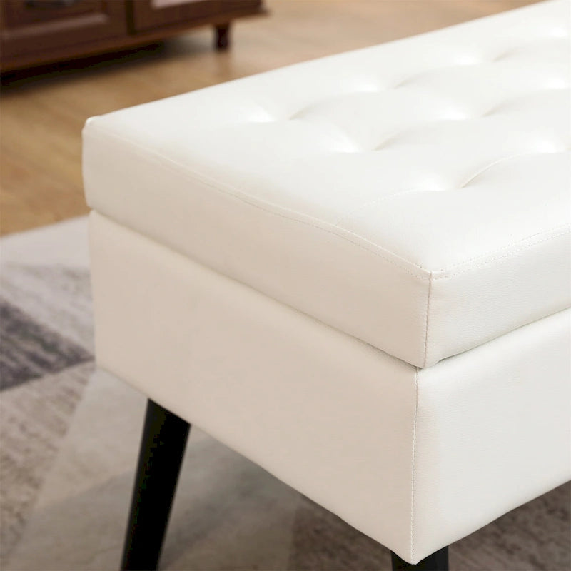 Tufted Beige Storage Bench with Solid Wood Legs