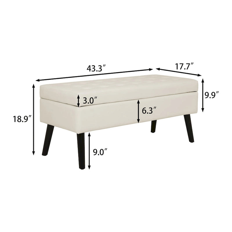 Tufted Beige Storage Bench with Solid Wood Legs