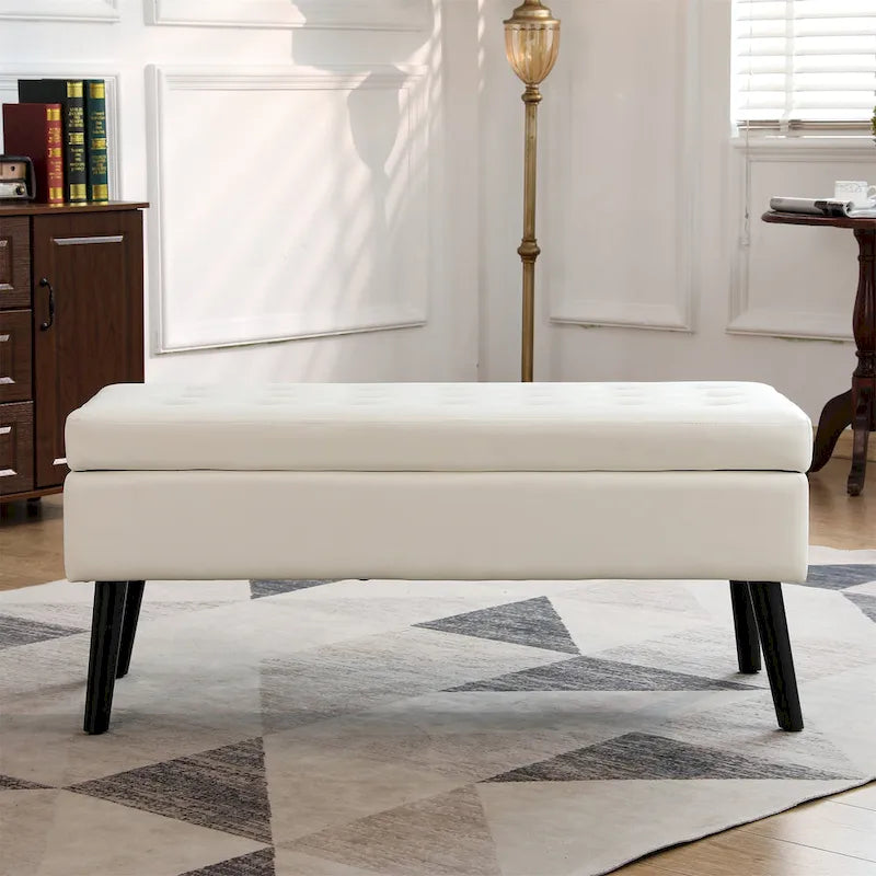 Tufted Beige Storage Bench with Solid Wood Legs