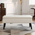 Tufted Beige Storage Bench with Solid Wood Legs