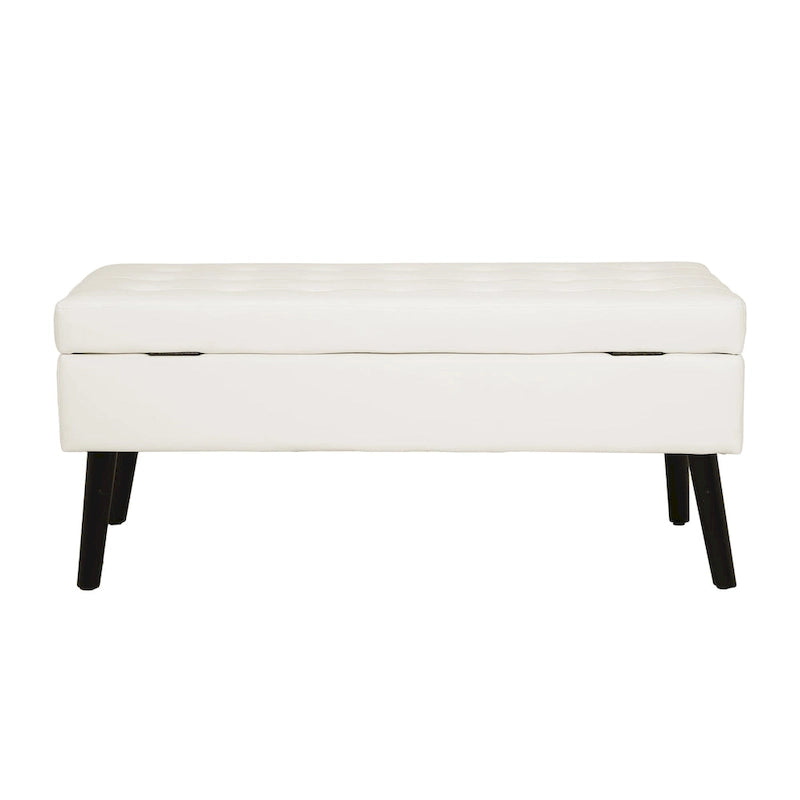 Tufted Beige Storage Bench with Solid Wood Legs
