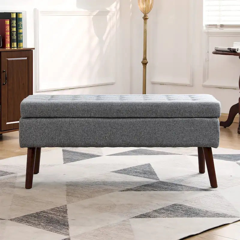 Tufted Beige Storage Bench with Solid Wood Legs