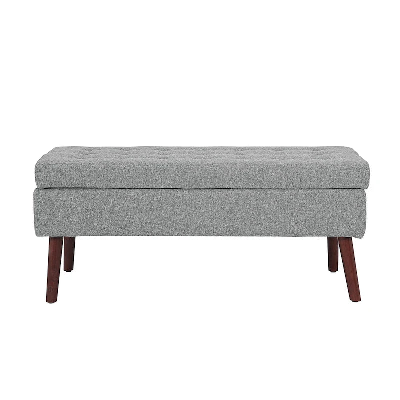 Tufted Beige Storage Bench with Solid Wood Legs