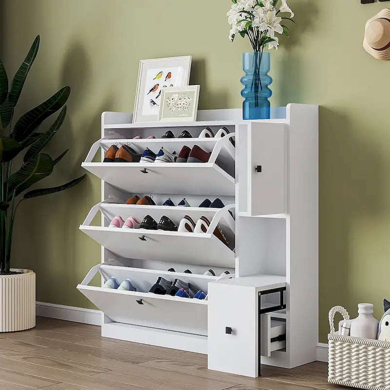 Versatile Tipping Bucket Shoe Cabinet with 3 Flip Drawers, Maximum Storage Entryway Organizer with Drawer