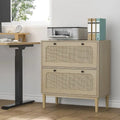 Anmytek Wood Rattan 2 Drawer Lateral File Cabinet with Adjustable Hanging Bar for Letter / A4 / Legal Size Files