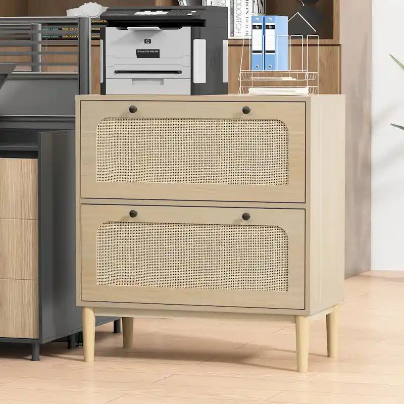 Wood Rattan 2 Drawer Lateral File Cabinet with Adjustable Hanging Bar for Letter / A4 / Size Files