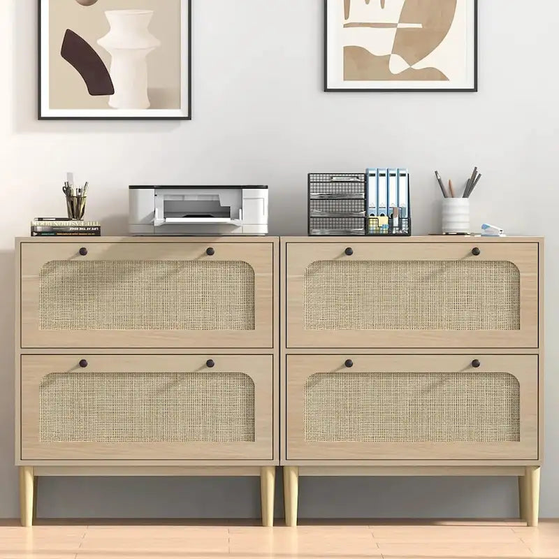 Wood Rattan 2 Drawer Lateral File Cabinet with Adjustable Hanging Bar for Letter / A4 / Size Files