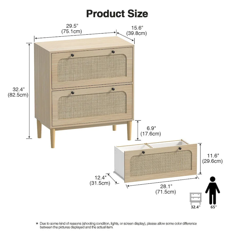 Wood Rattan 2 Drawer Lateral File Cabinet with Adjustable Hanging Bar for Letter / A4 / Size Files