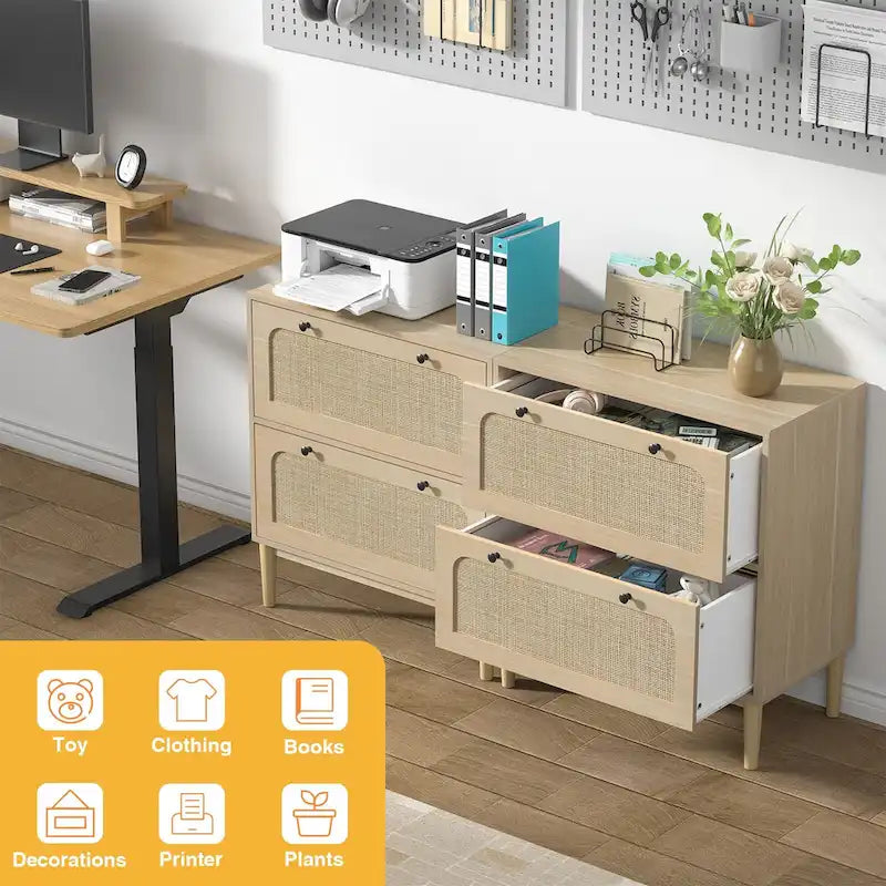 Wood Rattan 2 Drawer Lateral File Cabinet with Adjustable Hanging Bar for Letter / A4 / Size Files