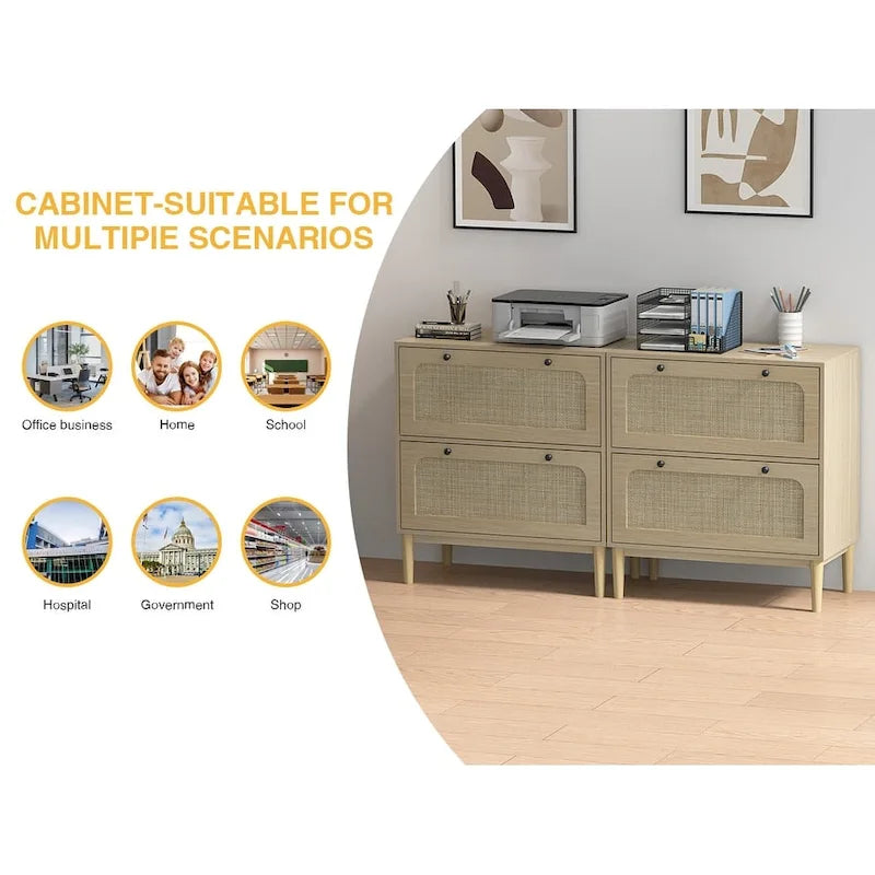 Wood Rattan 2 Drawer Lateral File Cabinet with Adjustable Hanging Bar for Letter / A4 / Size Files
