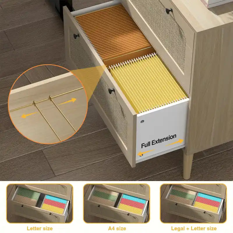 Wood Rattan 2 Drawer Lateral File Cabinet with Adjustable Hanging Bar for Letter / A4 / Size Files