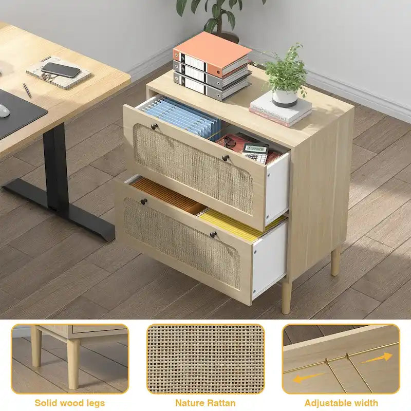Wood Rattan 2 Drawer Lateral File Cabinet with Adjustable Hanging Bar for Letter / A4 / Size Files