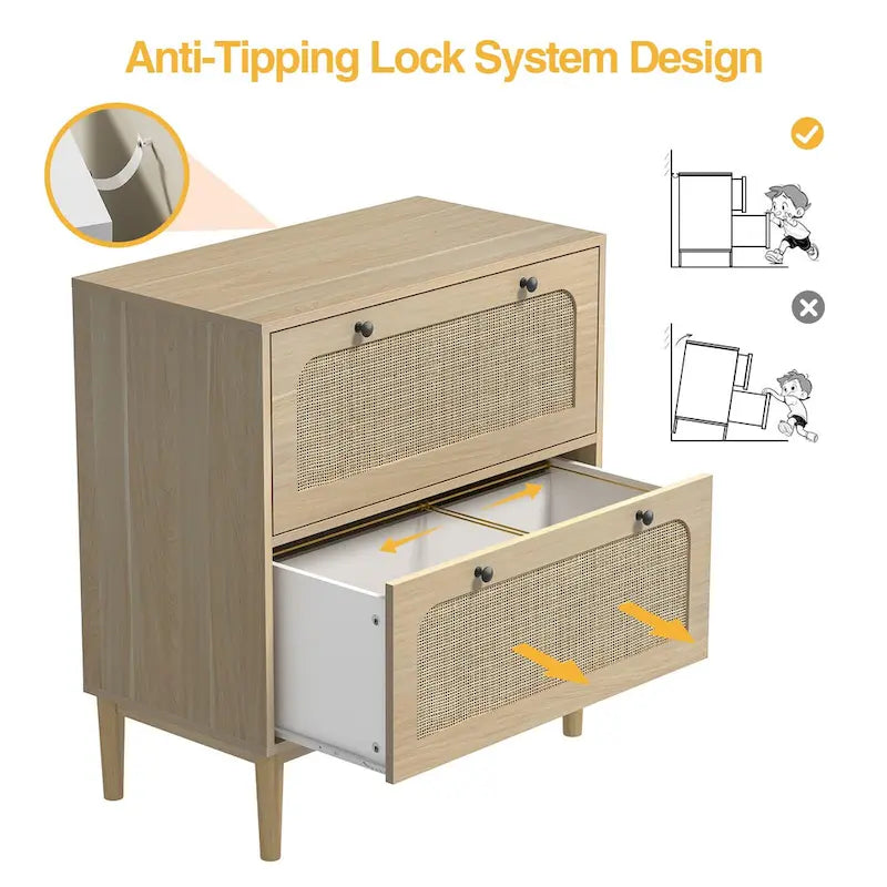Wood Rattan 2 Drawer Lateral File Cabinet with Adjustable Hanging Bar for Letter / A4 / Size Files