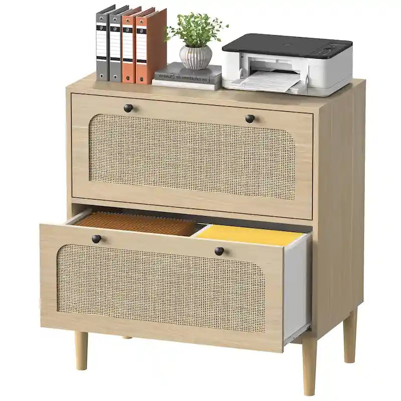Wood Rattan 2 Drawer Lateral File Cabinet with Adjustable Hanging Bar for Letter / A4 / Size Files