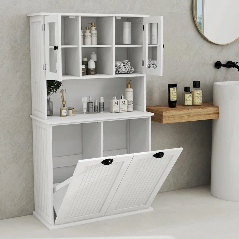 Two-Compartment Tilt-Out Dirty Laundry Basket Tall Bathroom Cabinet