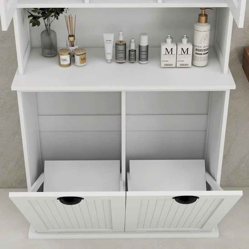 Two-Compartment Tilt-Out Dirty Laundry Basket Tall Bathroom Cabinet