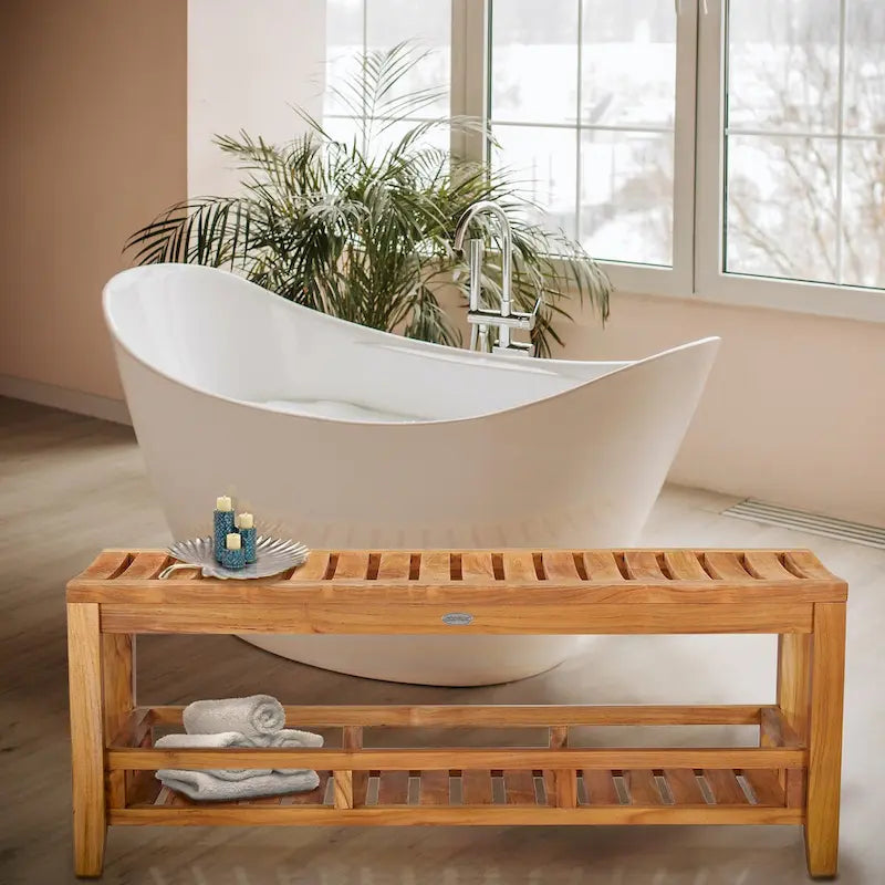 Teak Wood Shower Stool / Bench with Shelf, 47 inch