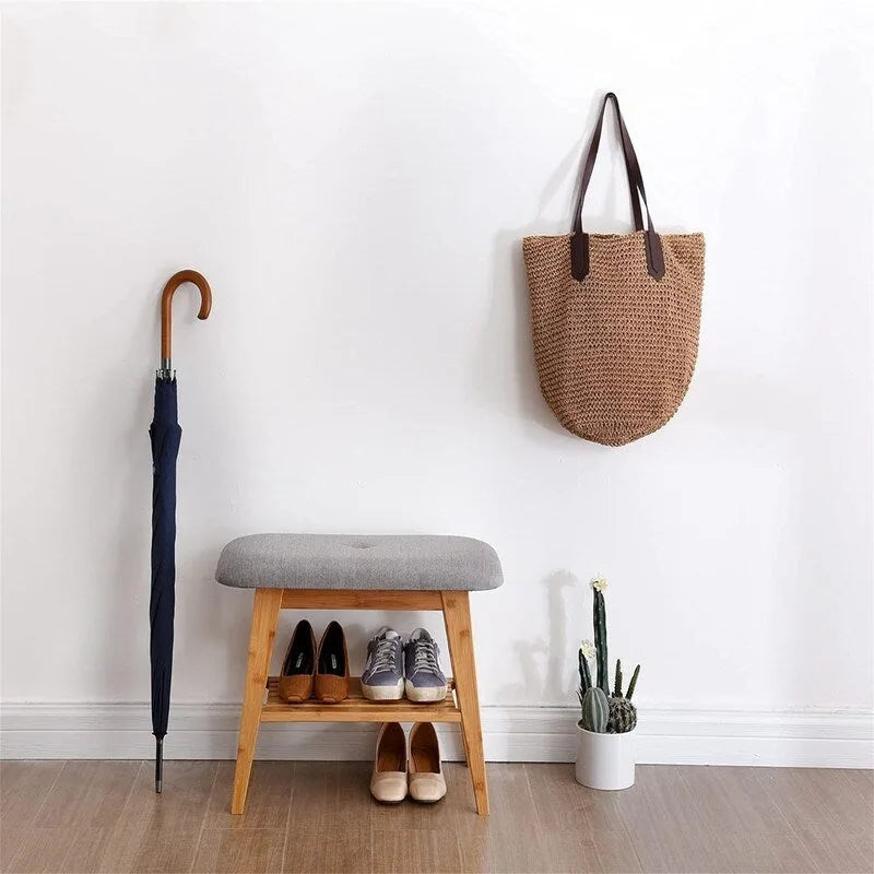 Bamboo Entryway Bench with Cushioned Linen Seat - 11.8D x 23.6W x 17.7H