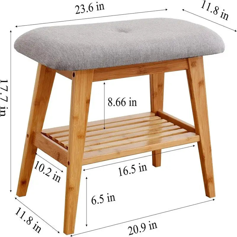 Bamboo Entryway Bench with Cushioned Linen Seat - 11.8D x 23.6W x 17.7H