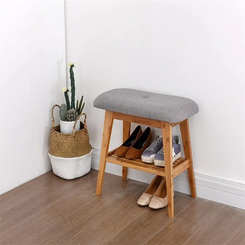 Bamboo Entryway Bench with Cushioned Linen Seat - 11.8D x 23.6W x 17.7H