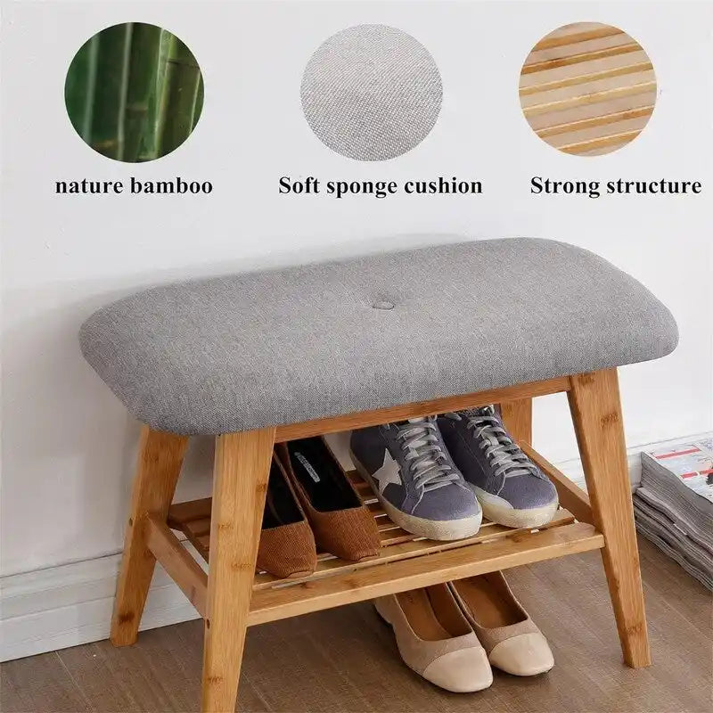 Bamboo Entryway Bench with Cushioned Linen Seat - 11.8D x 23.6W x 17.7H
