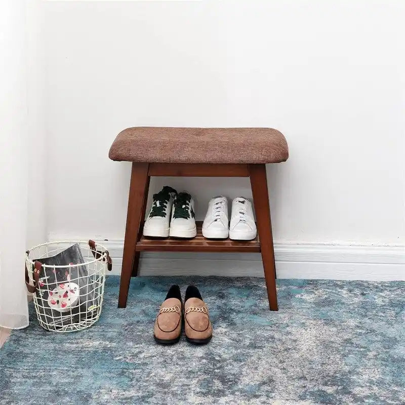 Bamboo Entryway Bench with Cushioned Linen Seat - 11.8D x 23.6W x 17.7H