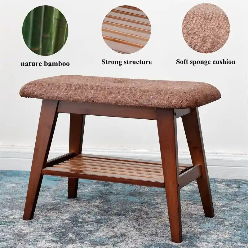 Bamboo Entryway Bench with Cushioned Linen Seat - 11.8D x 23.6W x 17.7H
