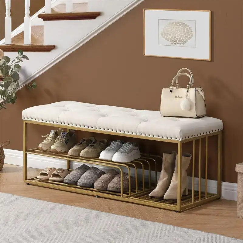 Linen Bench with Storage Tufted Steel Base - 17D x 47.2W x 19H