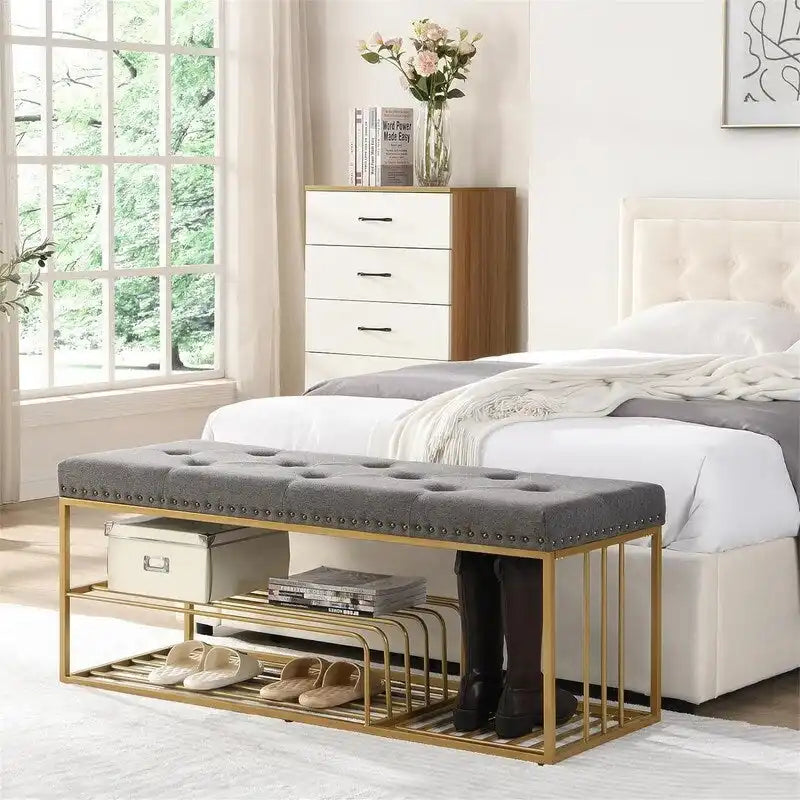Linen Bench with Storage Tufted Steel Base - 17D x 47.2W x 19H