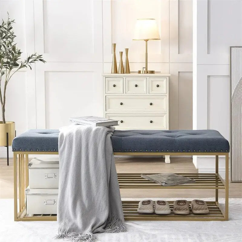 Linen Bench with Storage Tufted Steel Base - 17D x 47.2W x 19H