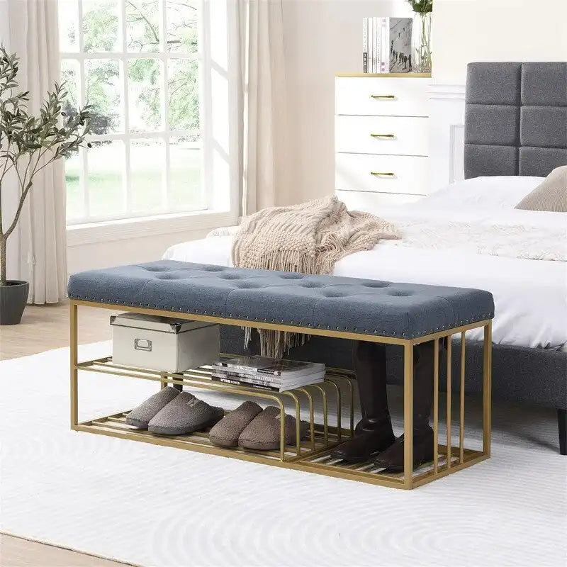 Linen Bench with Storage Tufted Steel Base - 17D x 47.2W x 19H