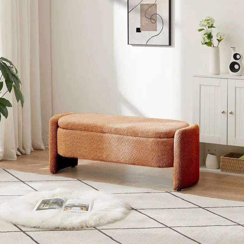 Ottoman Oval Storage Bench 3D Lamb Fleece Fabric Bench with Large Storage Space for the Living Room, Entryway and Bedroom