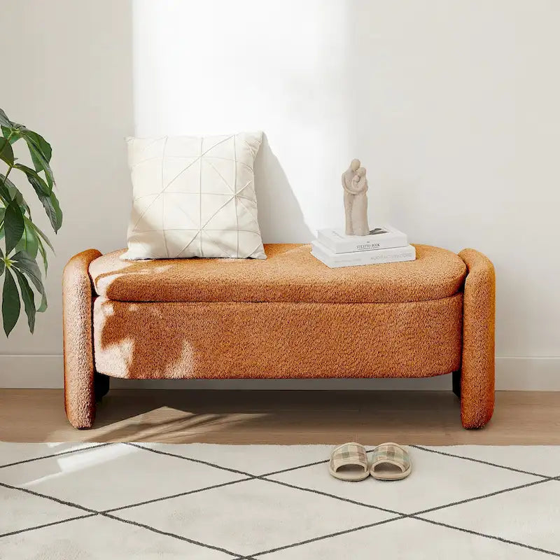 Ottoman Oval Storage Bench 3D Lamb Fleece Fabric Bench with Large Storage Space for the Living Room, Entryway and Bedroom