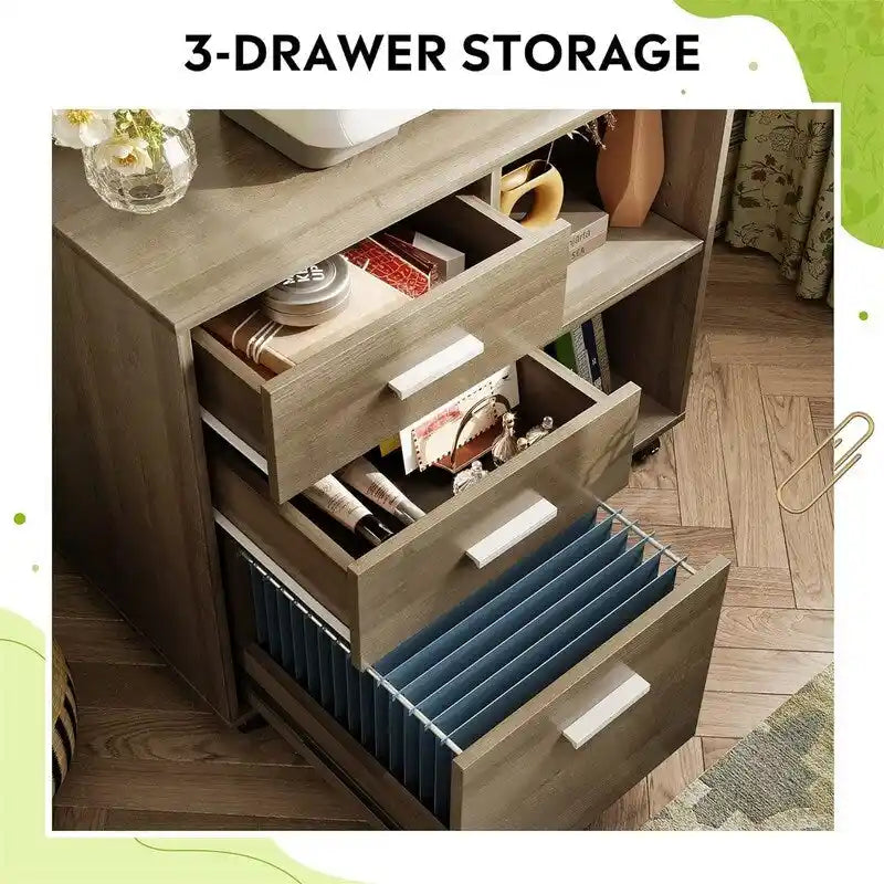 3 Drawer Mobile Wood File Cabinet with Storage - 15.7D x 31.3W x 24.7H