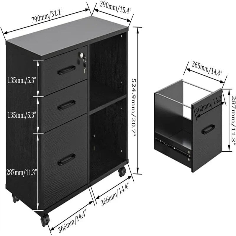 3 Drawer Mobile File Cabinet with Lockable Storage - 34.6D x 18.1W x 6.9H