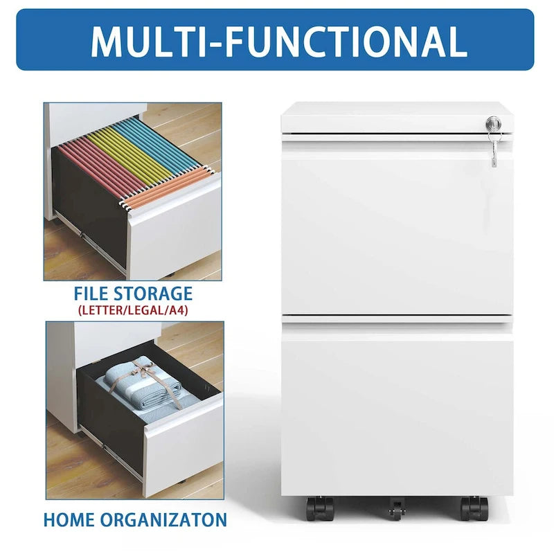 2 Drawer Metal Mobile File Cabinet, Rolling File Cabinet with Lock for Hanging /Letter/A4 Size, Fully Assembled Except Wheels