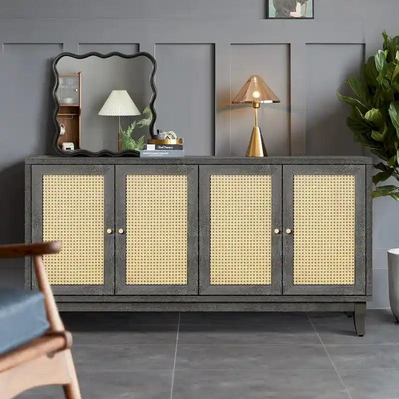 Handcrafted Premium Grain Panels,Rattan Sideboard Buffer Cabinet With 4 Rattan Doors, Modern Storage Cupboard Console Table