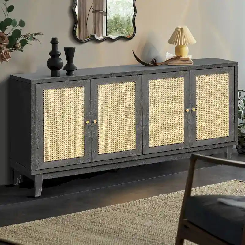 Handcrafted Premium Grain Panels,Rattan Sideboard Buffer Cabinet With 4 Rattan Doors, Modern Storage Cupboard Console Table